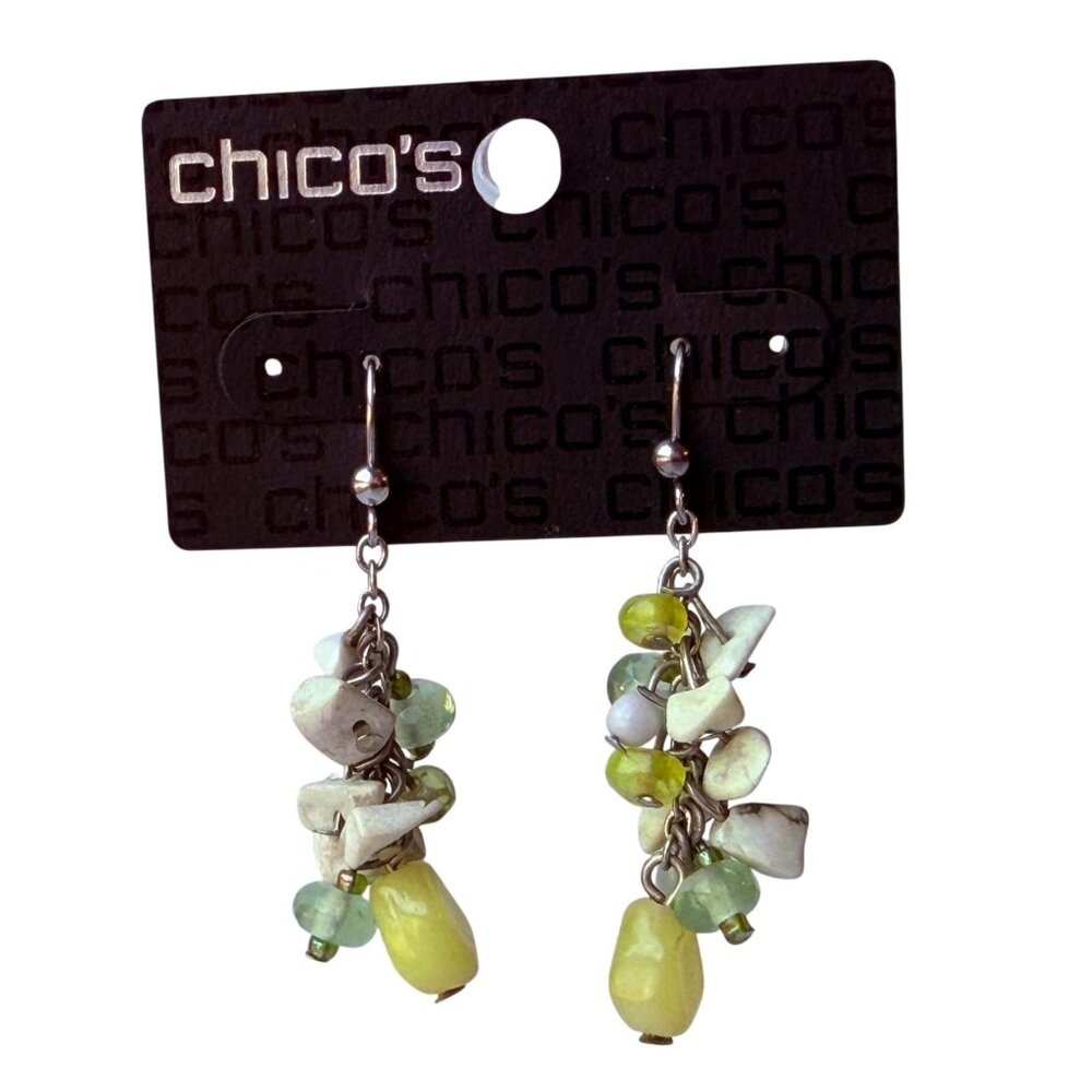 Y2K Chico’s Natural‎ Stone Cluster Dangle Earrings Green Ivory Yellow Drop NOS